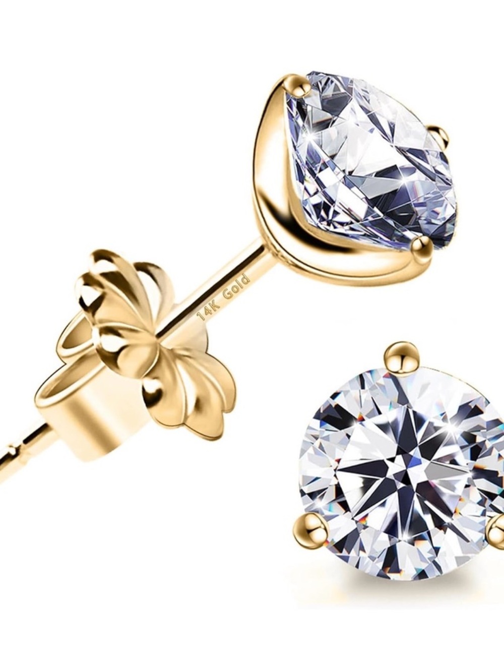 14K Gold plated Round Cubic Zirconia Stud Earrings - Gold White clear.